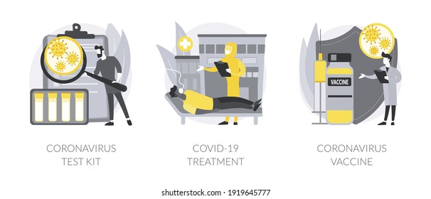 Covid19 Pandemic Abstract Concept Vector Illustration Set. Coronavirus Test Kit, Covid19 Treatment And Vaccine, Intensive Therapy, Lung Ventilation, Medical Laboratory, Healthcare Abstract Metaphor.