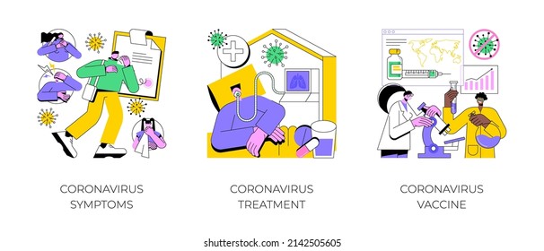 Covid19 pandemic abstract concept vector illustration set. Coronavirus symptoms, treatment and vaccine, intensive therapy, wearing a mask, lung ventilation, fever and cough abstract metaphor.