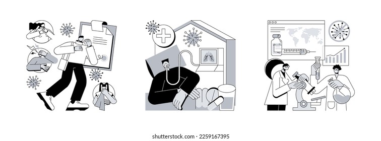 Covid19 pandemic abstract concept vector illustration set. Coronavirus symptoms, treatment and vaccine, intensive therapy, wearing a mask, lung ventilation, fever and cough abstract metaphor.