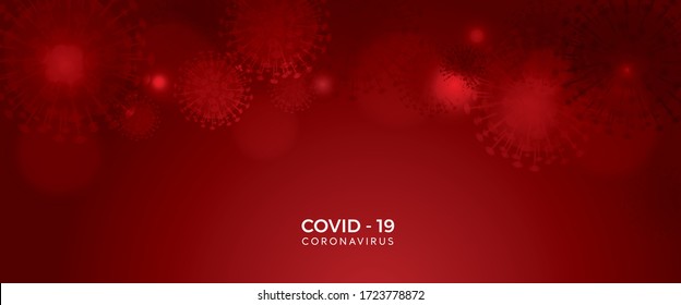 COVID-19 Pandemic Hintergrund Vektorbanner mit rotem Coronavirus Form auf Farbverlauf-rotem Hintergrund unscharf und andere Tiefe des Virus. Kann als Artikel Kopfbild des Online-Banners verwenden.