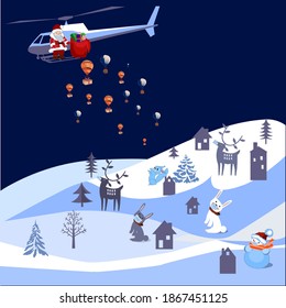 Covid-19 Pandemic. Chrictmas Eve Scenery. Modern Santa Flying by Helicopter with Presents and Everybody Meets Him Outside with Face Mask Keeping Social Distance. Character Vector Illustration