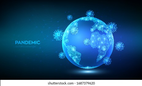 COVID-19 Pandemic concept. Coronavirus 2019-nCoV virus attack on Earth globe. Abstract low polygonal planet Earth and virus cells. Viruses, bacteria, microbes on world map simulation. Editable Vector.