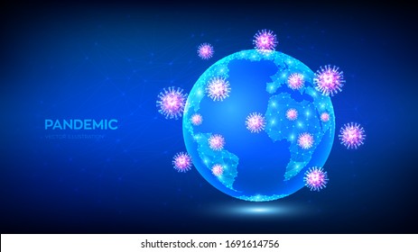 COVID-19 Pandemic concept. Coronavirus 2019-nCoV virus attack on Earth globe. Abstract low polygonal planet Earth and virus cells. Viruses, bacteria, microbes on world map simulation. Editable Vector.