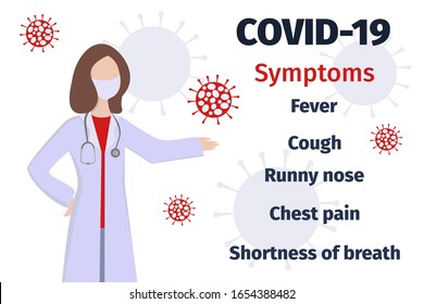 COVID-19. Pandemic. Coronavirus  symptoms concept. Doctor and novel symptoms for banner, poster, flyer. Stock vector illustration. 