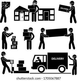 Covid-19 Pandemic. Courier in Face Mask with Parcels. Delivery Service Concept. Stick Figure Pictogram Icon. Vector Illustration