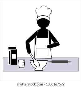 Covid-19 Pandemic. Days at Home. Episode. Cooking at Kitchen. Stick Figure Pictogram Icon. Vector Illustration