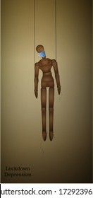 Covid-19 pandemic depression, realistic wooden marionette with medicine mask hanging on the thread, concept of lockdown depression, vector