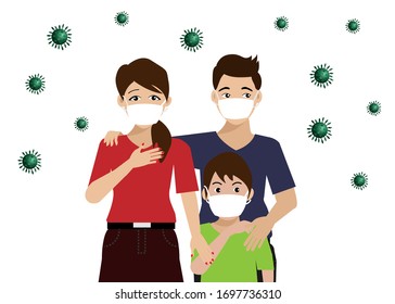  Pandemia de COVID-19. Familia, padre, madre y niño con rostros asustados usando mascarilla quirúrgica, el coronavirus COVID-19 se está esparciendo. Idea para brote COVID-19, cuarentena y sensibilización.