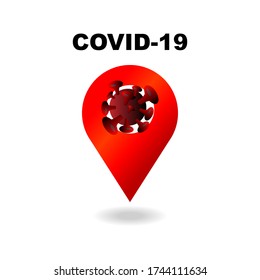 COVID-19 Pandemic, GPS or location marker with corona virus