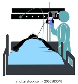 Covid-19 Pandemic. Hospitalization Concept. Doctor In Medical Suit Checking Monitor At Patient's Bed. Stick Figure Vector Illustration