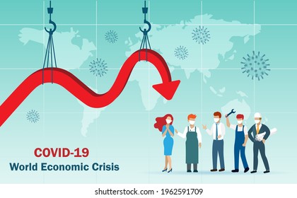 Covid-19 pandemic impact to global economic crisis, unemployment and job lost in all career. Recession graph due to  industrial crane unable to hold declined economic graph fell to a low, 