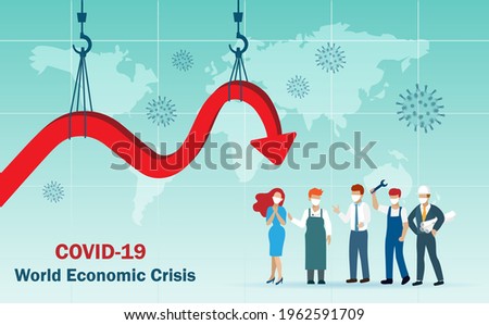 Covid-19 pandemic impact to global economic crisis, unemployment and job lost in all career. Recession graph due to  industrial crane unable to hold declined economic graph fell to a low, 