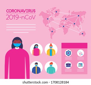 covid19 pandemic infographics with afro woman using face mask vector illustration design