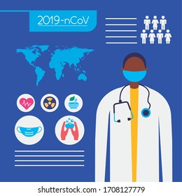 covid19 pandemic infographics with earth planet and doctor vector illustration design