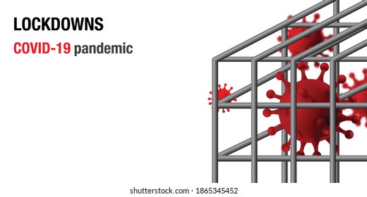 COVID-19 pandemic lockdowns simulates the red virus in prison with the blurred Coronavirus is spreading heavily and Text isolated on white bakcground. Vector illustration 3D rendering.