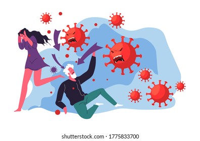 Covid19 pandemic outbreak, angry coronavirus characters attacking people. Asian flu disease causing pneumonia and death. Personages running away of dangerous ncov2019 bacteria. Vector in flat style