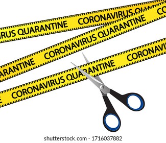 Covid-19 pandemic is over concept. Scissors cut a yellow tapes with the text Coronavirus Quarantine. The end of epidemic, vector illustration. Template banner, poster, flyer. 