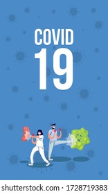 covid19 pandemic particles and doctors fighting vector illustration design