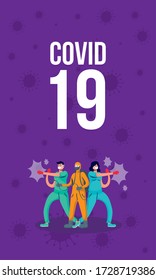 covid19 pandemic particles and doctors fighting vector illustration design