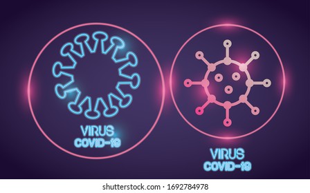 covid19 pandemic particles and lettering neon light vector illustration design