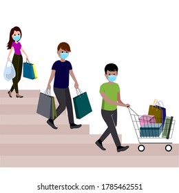 Covid-19 Pandemic. People with Purchases in Line. Character Vector Illustration