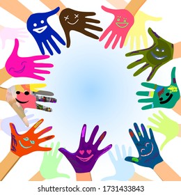 Covid-19 Pandemic. Positive Emotions Concept. Smiling Hands in Gloves as Diversity & Solidarity Concept. Vector Illustration