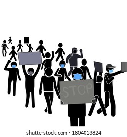 Covid-19 Pandemic. Quarantine Weekdays Concept. Crowd with Face Masks & Banners in Street Protests. Stick Figure Pictogram Icon. Vector Illustration