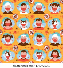 COVID-19 pandemic. Seamless pattern with icons of family members and pets in medical masks and slogans keep calm, stay safe, stop coronavirus. Vector illustration.