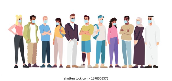 Covid19 pandemic semi flat RGB color vector illustration. Multi Ethnic people group in surgical masks isolated cartoon character on white background. Worldwide coronavirus spread. Personal protection