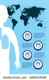 covid19 pandemic statistics with earth planet and human silhouette vector illustration design