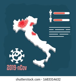 covid19 pandemic statistics with italy map illustration design