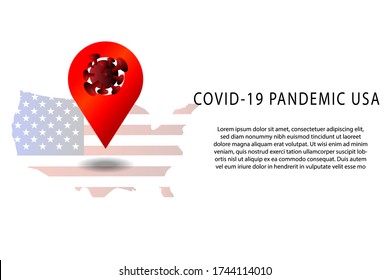 COVID-19 Pandemic in USA, GPS or location marker on top of USA Map