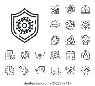 Covid-19 pandemic virus sign. Online doctor, patient and medicine outline icons. Coronavirus protection line icon. Corona virus symbol. Coronavirus protection line sign. Vector