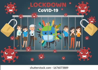 Covid-19 Pandemic world lockdown for quarantine. Covid-19 Coronavirus Outbreak, virus sign with world of life in Prison bar. World lock down protect novel coronavirus 2019. vector illustration.