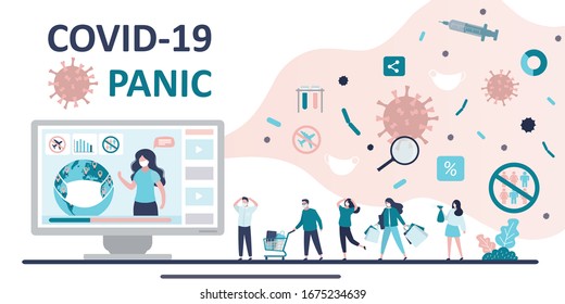Covid-19 panic background. Media and social networks talk about  spread of virus and disease. Unhappy people are afraid and panic. Health care concept. Global viral infection pandemic. Trendy Vector 
