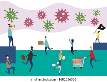 Covid-19 panic concept. Unhappy people are afraid and panic. Vector illustration. Eps 10.