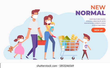 Covid-19. Parents and children wearing protective mask in supermarket. Virus prevention, wearing mask, buy foods and supplies. New Normal Concept. Flat vector cartoon illustration