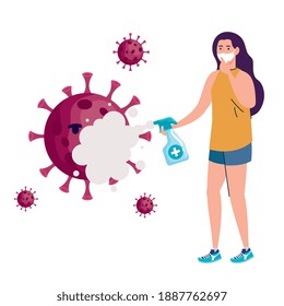 covid19 particles comic characters with splash bottle vector illustration design