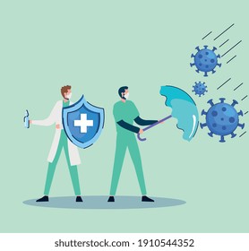 covid19 particles with doctors lifting umbrella and shield vector illustration design