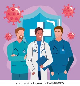 covid19 particles with doctors staff
