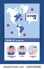 covid19 particles with earth maps and prevention methods vector illustration design