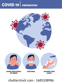 covid19 particles with earth maps and prevention methods vector illustration design