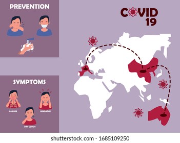 covid19 partículas con mapas de tierra y métodos de prevención diseño de ilustración vectorial