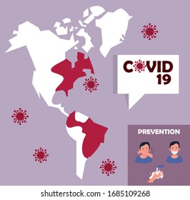 covid19 particles with earth maps and prevention methods vector illustration design