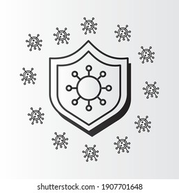 covid19 particles in shield line style icons vector illustration design