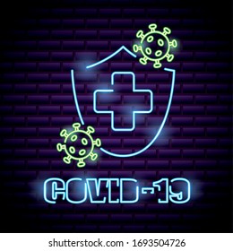 covid19 particles with shield neon light label vector illustration design