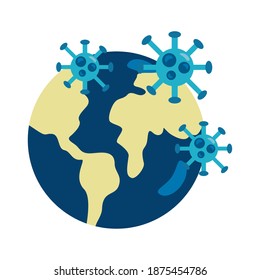 covid19 particles in world planet flat style icon vector illustration design
