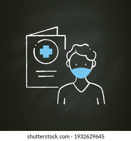 Covid19 passport chalk icon. Man in mask has got necessary document. Vaccination card. Health care, protection. Note about health status. Isolated vector illustration on chalkboard