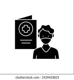 Covid19 passport glyph icon. Man in mask has got necessary document. Vaccination card. Health care, protection. Note about health status. Filled flat sign. Isolated silhouette vector illustration