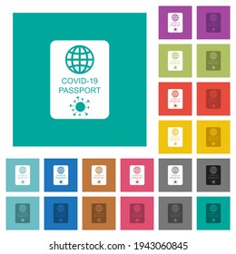 Covid-19 passport multi colored flat icons on plain square backgrounds. Included white and darker icon variations for hover or active effects.